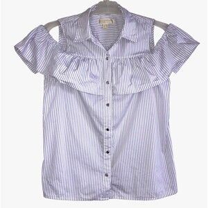 MICHAEL KORS L Purple White Striped Cold Shoulder Logo Blouse Top Cotton Spandex